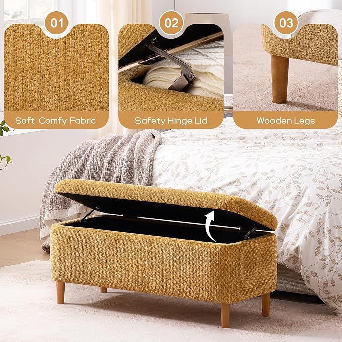 39.4" Ottoman with Storage Upholstered Storage Bench for Living Room | Modern Fabric End of Bed Bench Footstool with Wooden Legs Ottoman Bench for Window Hallway Entryway Bedroom Yellow