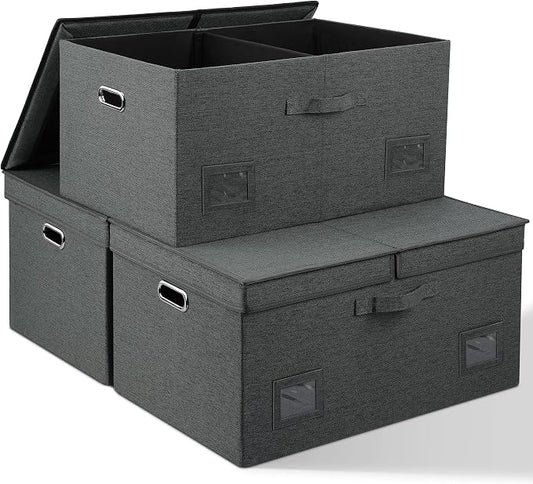 Graciadeco 75 Quarts Extra Large Decorative Storage Bins with Lids, 3 Packs Dark Gray Collapsible Storage Bins with Lids, Stackable Storage Bins Decorative Box Storage With Lid Extra Large | 75 Quarts 3 Pack Dark Gray Collapsible Stackable Linen Fabric...