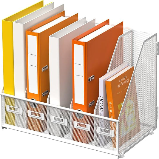 DALTACK 5-Slot Magazine File Holder, Metal Binder Holder, White | Iron Mesh Construction, Labeled Sections for Easy Sorting, Anti-Slip Feet, Binder and Folder Storage for Office, Classroom