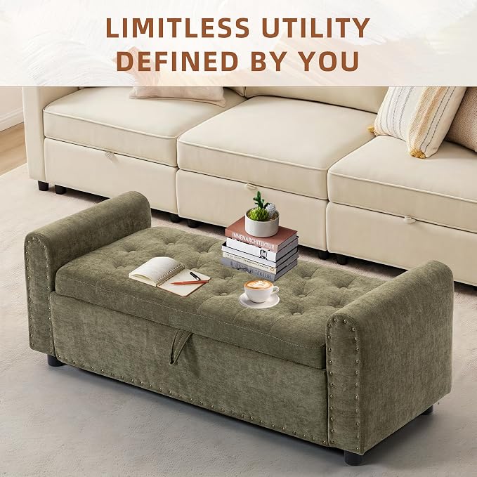 48" Ottoman with Storage, Tufted Storage Ottoman Bench, Convenient Living Room Fabrics Bench Seat, Entryway Shoe Benches with Inner Zipper & Arm, Upholstered Window Seat Ottomans with Rivets, Green
