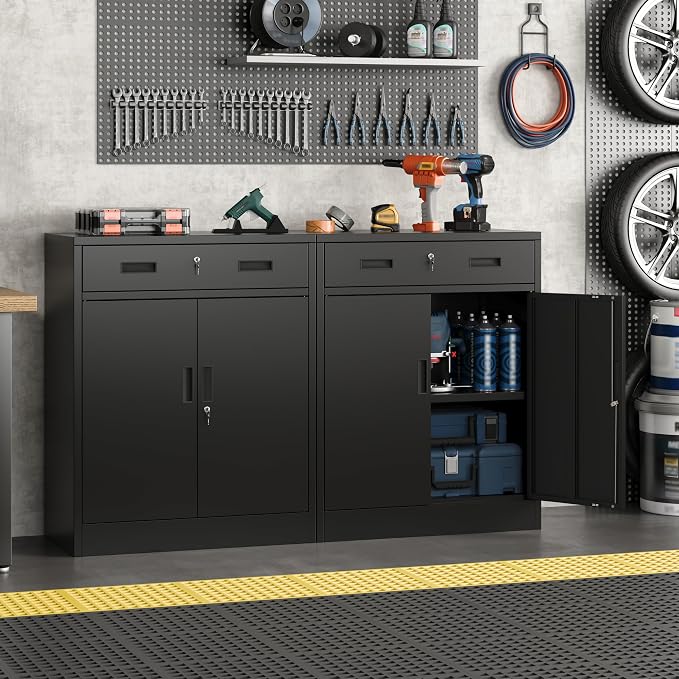 Metal Storage Cabinet, 36" Locking Cabinet with Adjustable Shelves for Garage, Office (Black, 1 Drawer)