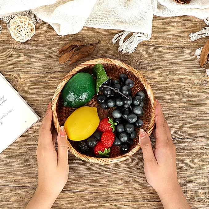Hipiwe Round Key Basket Bowl for Entryway 7.3" Natural Rattan Fruit Bowl Woven Wicker Basket Serving Tray Rattan Organizer Decorative Baskets for Kitchen Counter Bedside Living Room