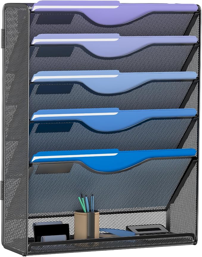 Gawerk 6 Tier Hanging File Organizer, Mesh Wall File Holder Paper Folder Rack with Bottom Flat Tray for Office Home, Black