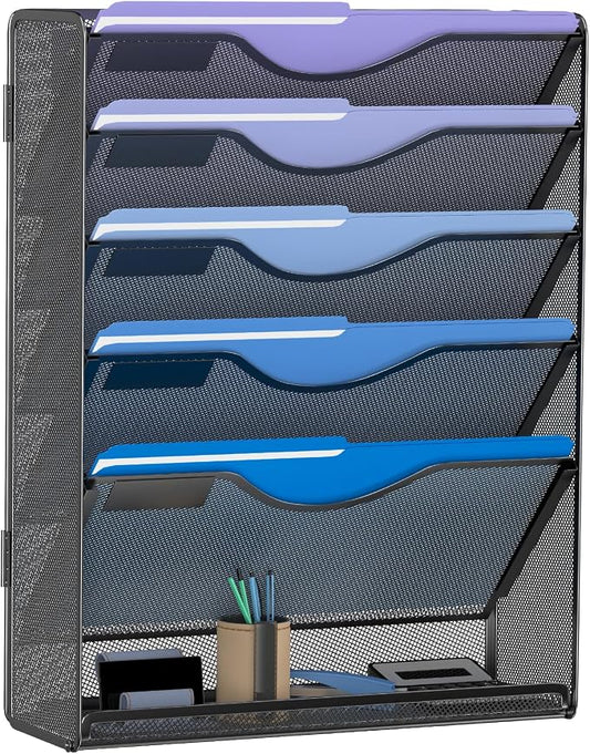 Gawerk 6 Tier Hanging File Organizer, Mesh Wall File Holder Paper Folder Rack with Bottom Flat Tray for Office Home, Black