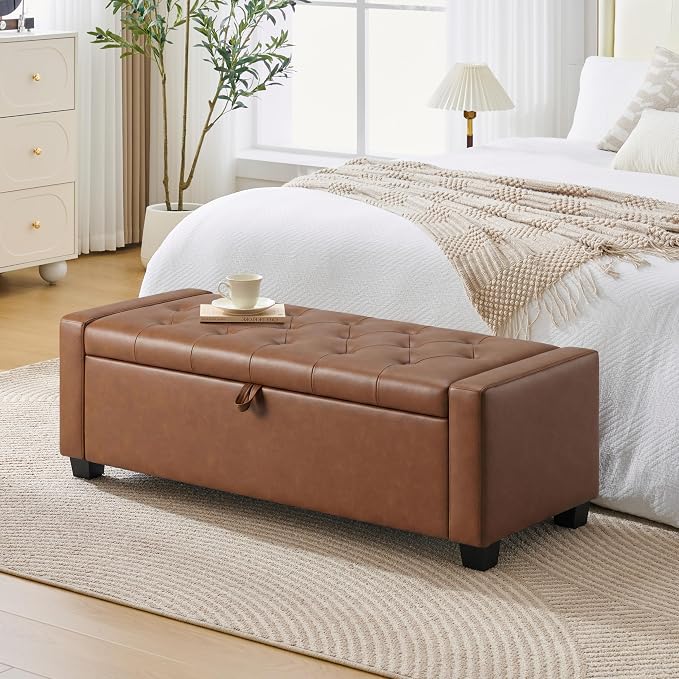 Huatean Home 48" Ottoman with Storage, Brown Storage Ottoman Bench | Upholstered Entryway Bench with Seating for Bedroom, Living Room with Safety Hinge, Holds up to 330 lb