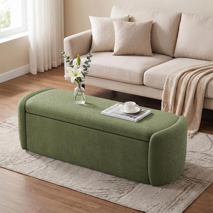 VKNOW Storage Bench, Upholstered Storage Ottoman Bench with Hinge, Green | Ottoman Bench with Large Capacity, Curved Frame, King Size Bench, Storage Bench for Bedroom, Living Room, Entryway, Window