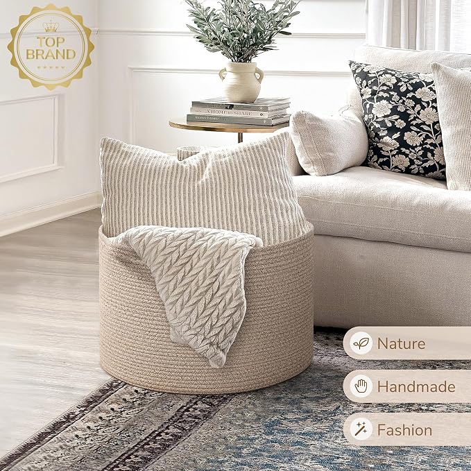 INDRESSME Large Woven Wicker Blanket Basket Living Room, 65L | 19.7" x 12.6" Storage baskets for laundry, toys & pillows. For living room, bedroom or nursery decor. soft-touch, gift basket