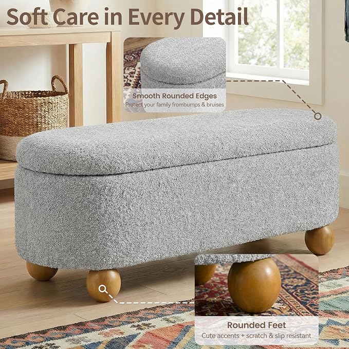 VKNOW 44.8" Storage Ottoman Bench End of Bed Bench for Bedroom, Grey | Cute Spherical Solid Wood Stool Legs, Comfortable Fabric, No Assembly, Bedroom Living Room Entryway Dressing Areas