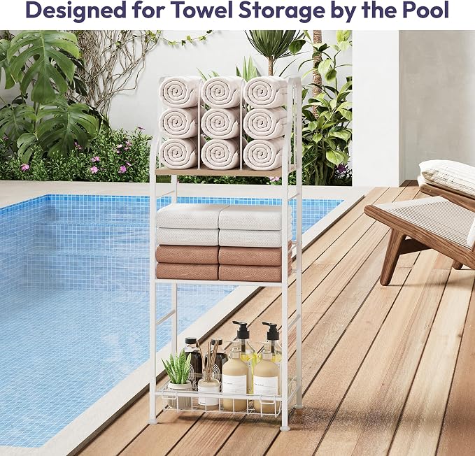 SWTYMIKI Free Standing Towel Rack - 3 Tier M-Shaped Detachable Dividers Towel Shelf for Bathroom, Durable Metal Pool Towel Holder, Modern Space-Saving Bath Towel Storage Organizer