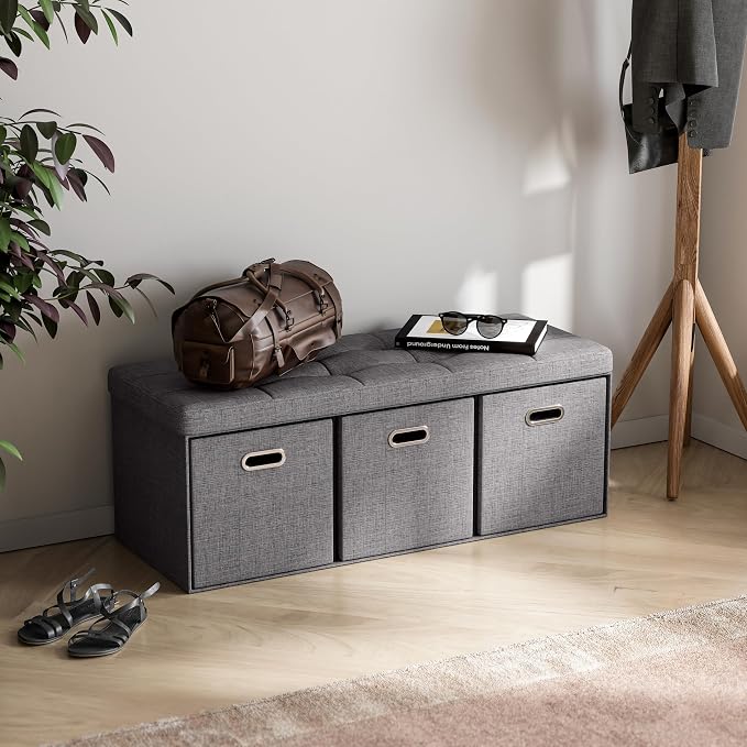 Ornavo Home 40 Inch Storage Ottoman with 3 Drawers, Tufted Linen, Dark Gray | Foldable Large Bench Design; Foot Rest Stool Seat; Ideal for Living Room, Bedroom or Entryway