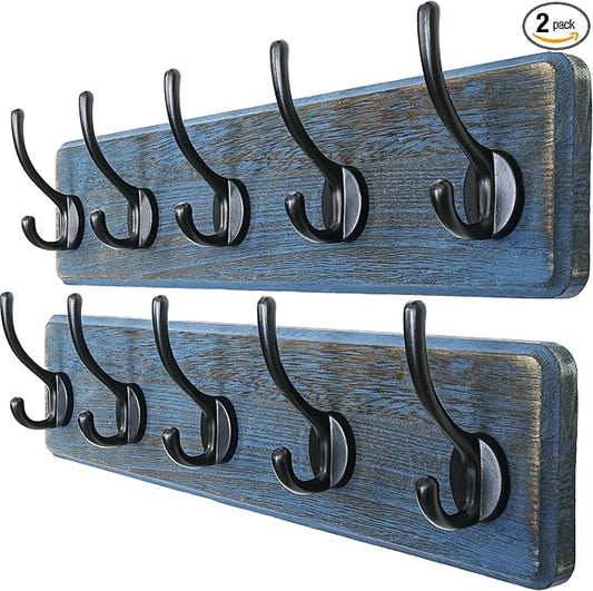 Coat Rack Wall: Patented, Heavy-Duty, 5-Double-Hooks Wooden Wall Mounted Coat Rack Coat Hanger Hook Rail for Winter Coats Hat Jacket Clothing, Weathered Blue, Pack of 2