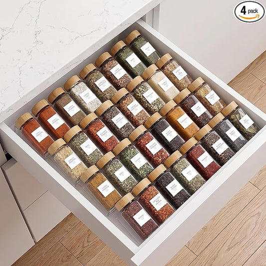 Acrylic Spice Drawer Organizer 4 PK, Expandable 13"-26" Acrylic Spice Rack for Drawer Seasoning Organizer Tray, Shelf Stackable 4-Tier Herb Jar Rack Insert for Kitchen Cabinet, Herb Jars Not Included