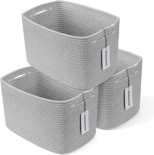 XUANGUO Woven Cotton Rope Storage Baskets 15x10x9.3" 3 Pack Grey | Decorative rectangular storage baskets for shelves and closets; storage bins organize clothes, toys, books and nursery items.