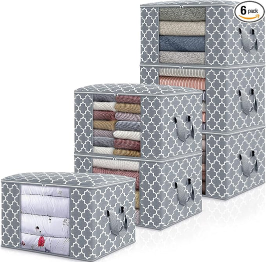 WISELIFE Storage Bags, Large Blanket Clothes Organization and Storage Containers for Bedding, Comforters, Foldable Organizer with Reinforced Handle, Clear Window,Sturdy Zippers,(Light Grey, 6 x 100L)