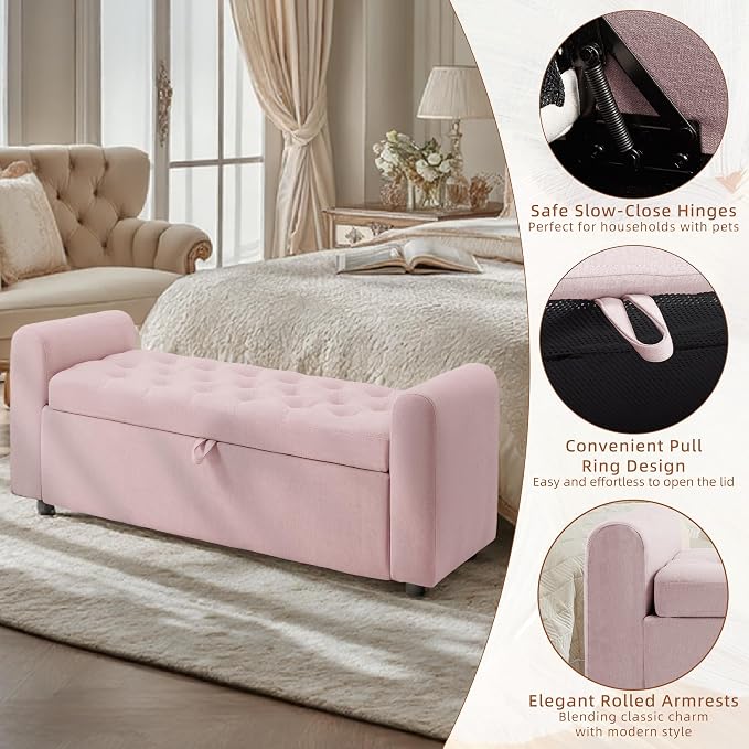 48" Ottoman with Storage, Tufted Storage Ottoman Bench, Convenient Living Room Fabrics Bench Seat, Entryway Shoe Benches with Inner Zipper & Arm, Rivetless Upholstered Window Seat Ottomans, Pink