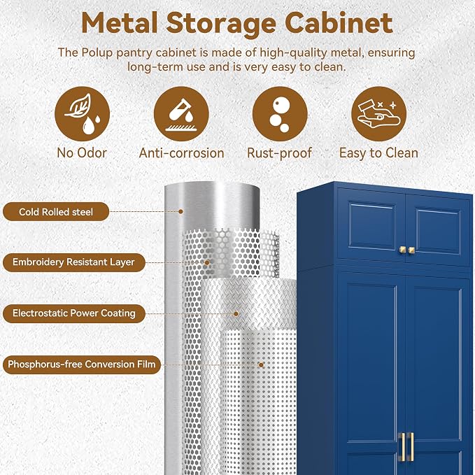 Polup 86" Tall Metal Kitchen Pantry Storage Cabinet with Doors and Shelves | Heavy-Duty Blue Cabinet, 4 Adjustable Shelving, Gold Handles, Magnetic Latch, for Dining Living Room, Bathroom & Garage