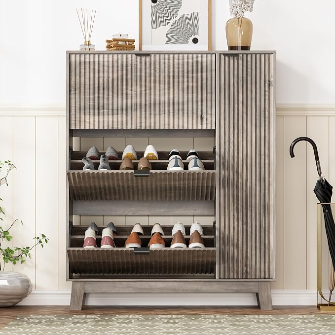 Shoe Cabinet Storage for Entryway with 3 Flip Drawers & Side Cabinet, Fluted Narrow Shoe Organizer with Wooden Leg, Freestanding Shoe Storage Hidden Shoe Rack Organizer for Front Door Entrance, Grey