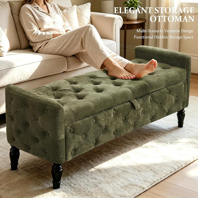 Royal Windsor 48" Ottoman with Storage,Tufted Storage Bench with Safety Hinge,Holds up to 350 lb,Black Wood Legs,Upholstered Bench with Arms for Bedroom,Living Room,Entryway,Linen Green