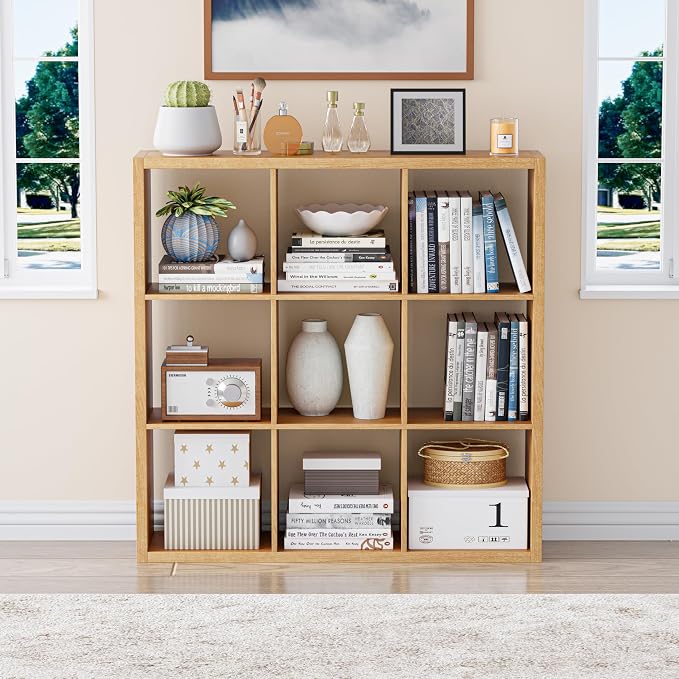 VDNEND Cube Storage Organizer Bookcase, Decorative 11 inch Open Back Cubical Shelf with Thickened Border, Display Bookshelf for Living Room, Home Office, Sturdy Room (Natural Oak, 9 Cube)