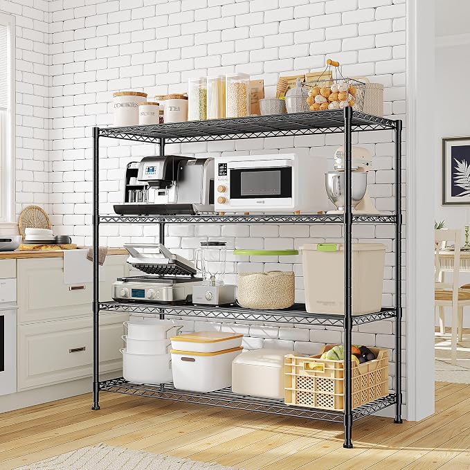 2 Set of 45 "W Metal Shelving Unit 4 Tier Storage Shelves Adjustable Wire Shelving Metal Shelf Pantry Shelves Wire Rack Commercial Shelving for Kitchen Pantry Garage 45 "W x 59.4 "Hx 13.5" D Black