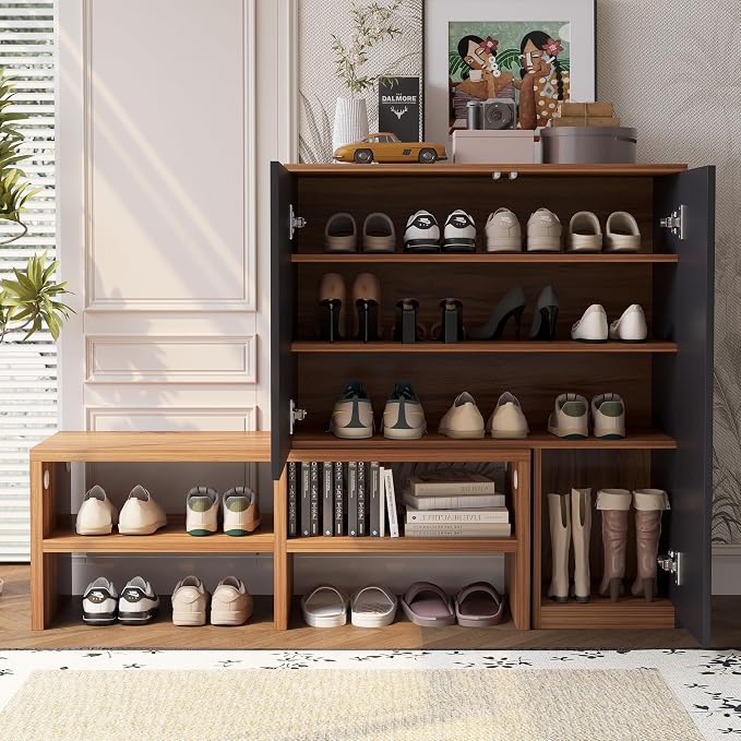51.18" Shoe Storage Cabinet with Doors & Open Shelves, Walnut & Black | Space saving, dust-proof, clutter-free, multi-scenario fit, durable construction