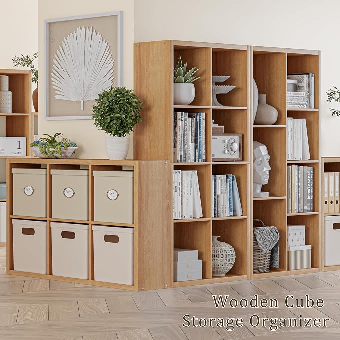 VDNEND Cube Storage Organizer Bookcase, Decorative 11 inch Open Back Cubical Shelf with Thickened Border, Display Bookshelf for Living Room, Home Office, Sturdy Room (Natural Oak, 6 Cube)