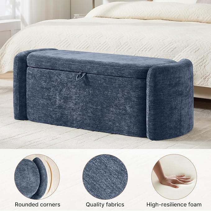 Oval Ottoman Bench with 20 Gal of Storage Space Upholstered Chenille Seat End of Bed Storage Bench Storage Ottoman with Storage for Bedroom, Living Room, Entryway, Window(Blue)
