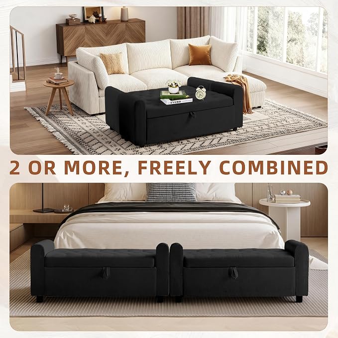 48" Ottoman with Storage, Tufted Storage Ottoman Bench, Convenient Living Room Fabrics Bench Seat, Entryway Shoe Benches with Inner Zipper & Arm, Rivetless Upholstered Window Seat Ottomans, Black