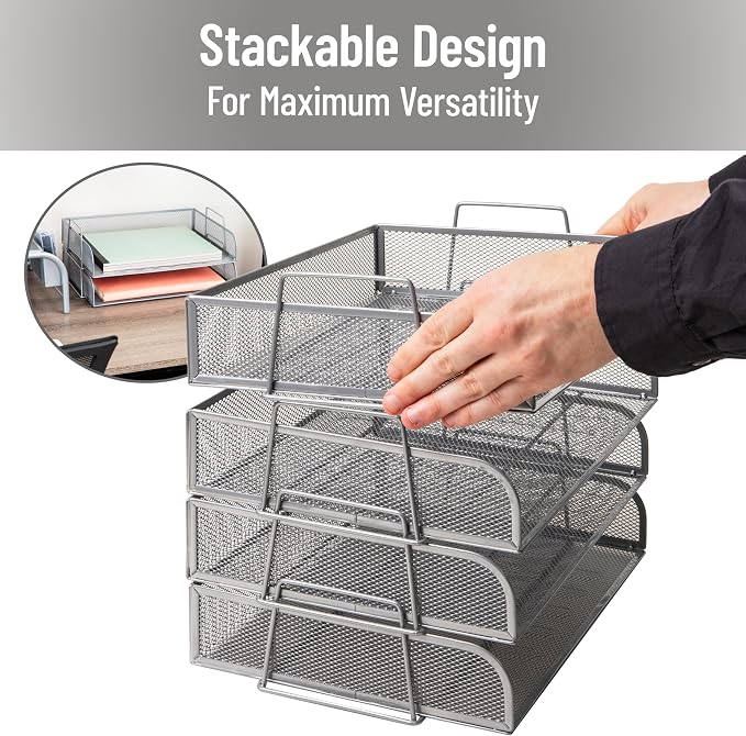 Mind Reader Stackable Paper Tray, Desktop Organizer, File Storage, Office, Metal Mesh, 4 Pcs., Silver