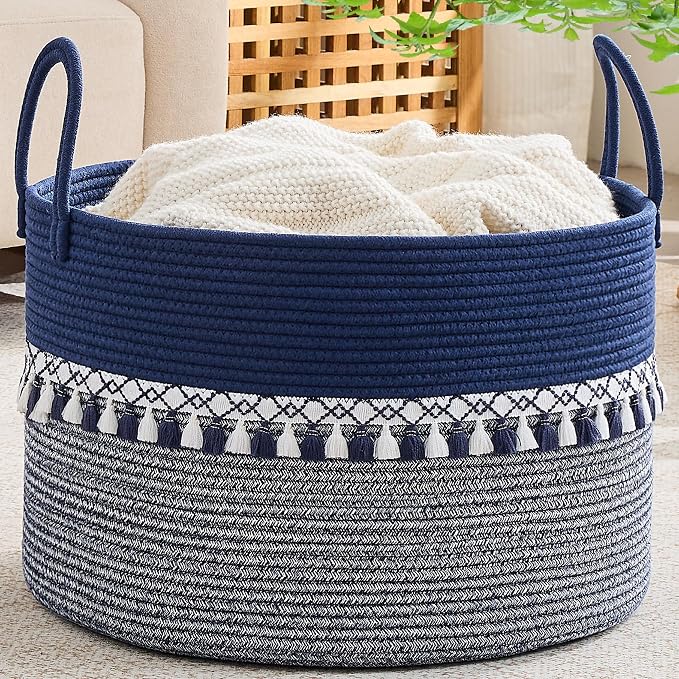 KAKAMAY Large Blanket Basket with Handles, Storage Basket for Living Room | Extra Large Capacity | Natural Cotton Rope | Blanket Storage | Woven Storage Basket | Stuffed Animal Storage | Laundry Basket
