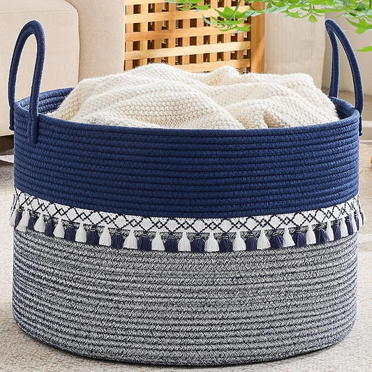 KAKAMAY Large Blanket Basket with Handles, Storage Basket for Living Room | Extra Large Capacity | Natural Cotton Rope | Blanket Storage | Woven Storage Basket | Stuffed Animal Storage | Laundry Basket