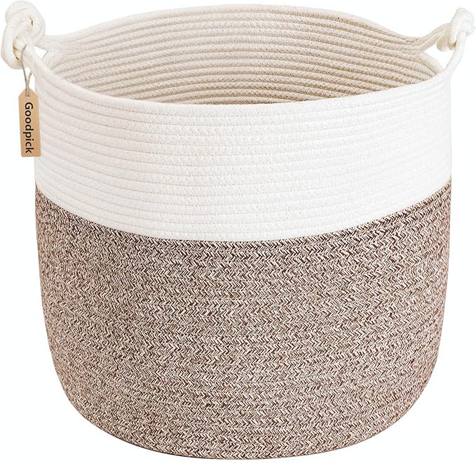 Goodpick Jute Woven Basket for Blankets Clothes Organizing，Cotton Rope, 40L | Soft Blanket & Laundry Basket with Handles, Baby Toy Storage Basket for Living Room, Playroom, Nursery, Brown