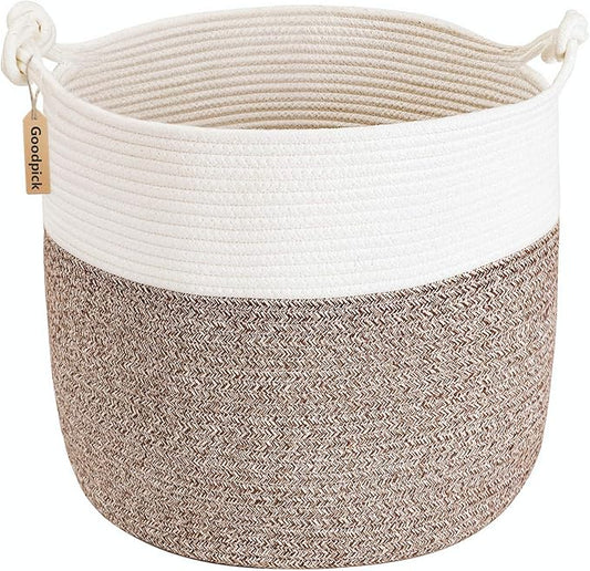 Goodpick Jute Woven Basket for Blankets Clothes Organizing，Cotton Rope, 40L | Soft Blanket & Laundry Basket with Handles, Baby Toy Storage Basket for Living Room, Playroom, Nursery, Brown