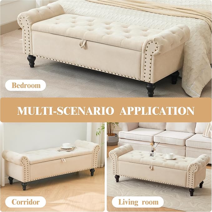 55" Storage Bench for Bedroom, Upholstered Ottoman Bench, Chenille Beige | End of Bed Bench for Bedroom, Window Benches for Living Room, Entryway, Ottoman with Large Storage Space, Pet Friendly