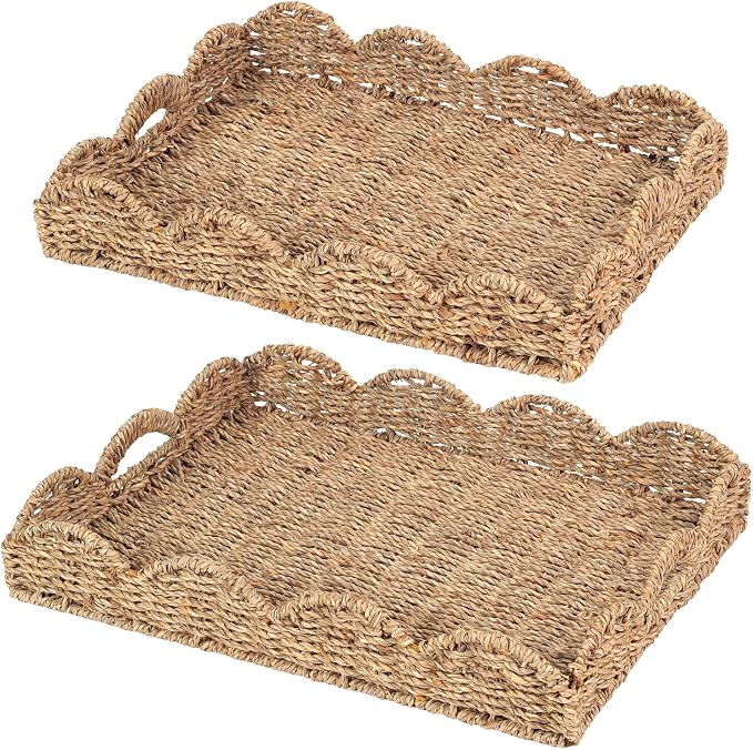 Scalloped Seagrass Tray, Hand-Woven Wicker Storage Baskets with Scalloped Edge and Handles (17x13x3 inch) Rectangular Handwoven Trays, Seagrass Basket for with Built-in Handles, 2 Pack