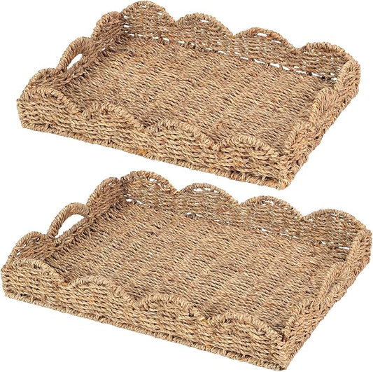 Scalloped Seagrass Tray, Hand-Woven Wicker Storage Baskets with Scalloped Edge and Handles (17x13x3 inch) Rectangular Handwoven Trays, Seagrass Basket for with Built-in Handles, 2 Pack
