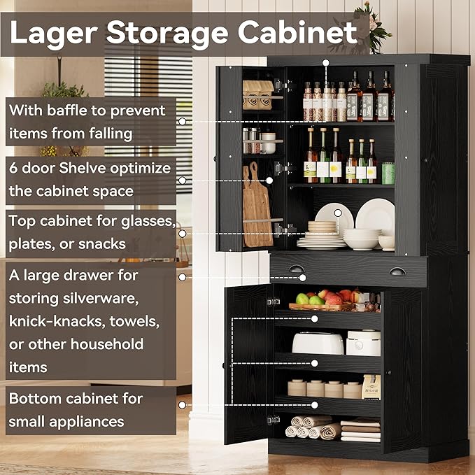 IRONCK Kitchen Pantry Cabinet 72" Height, Freestanding Cupboard with Drawer, Sliding Storage Rack, and 6 Hanging Shelves for Dining Room, Laundry, Living Room, Black