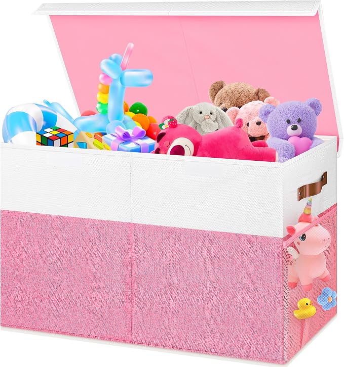 Large Toy Bins Box, Collapsible Toy Storage Chest With Lids, 25"x13"x16" | Sturdy Kids Toy Storage Box with 2 Pockets and Dividers for Boys Girls, Bedroom & Living room Organization, White & Pink