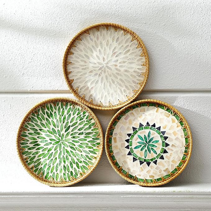 3 Pcs Round Rattan Tray with Mother of Pearl Inlay Wicker Serving Tray with Wooden Base Boho Decorative Wicker Basket for Table Decor Bathroom Candle Perfume(Fresh Style)
