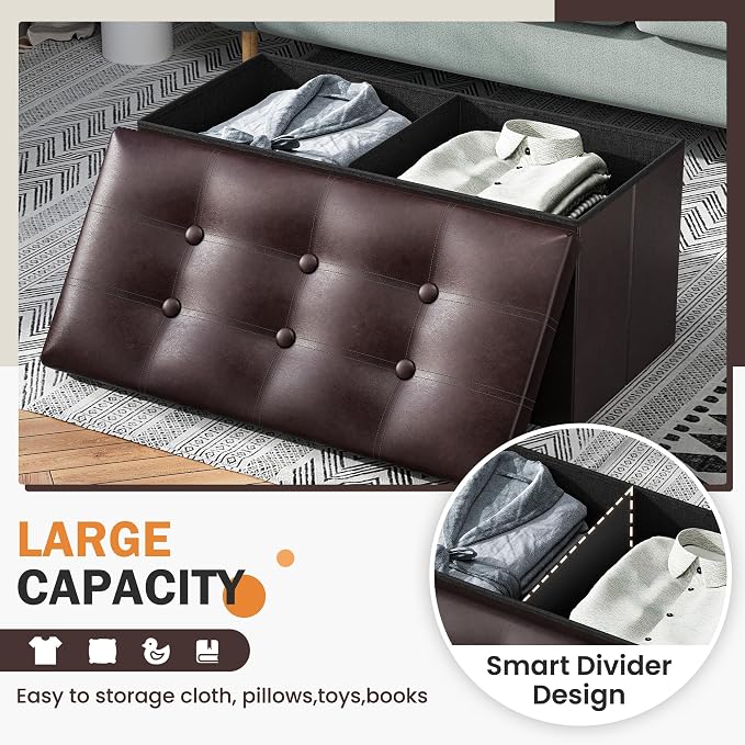 Youdesure Folding Storage Ottoman Bench, 30 inch Faux Leather Footrest Couch for Living Room, Storage Bench with Padded Seat for Bedroom Hallway, Holds up to 350lbs, Brown | Foldable ottoman with hidden storage, padded seat and sturdy MDF frame for eve...