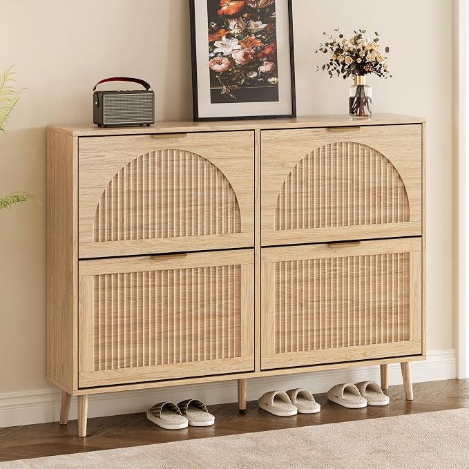 BORNOON Shoe Cabinet for Entryway with 4 Flip Drawers, Slim Wooden Shoe Storage Organizer with Modern Fluted Pannel，Freestanding Narrow Hidden Shoe Rack for Hallway, Foyer, Living Room