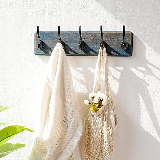 Coat Rack Wall: Patented, Heavy-Duty, 5-Double-Hooks Wooden Wall Mounted Coat Rack Coat Hanger Hook Rail for Winter Coats Hat Jacket Clothing, Weathered Blue, Pack of 2