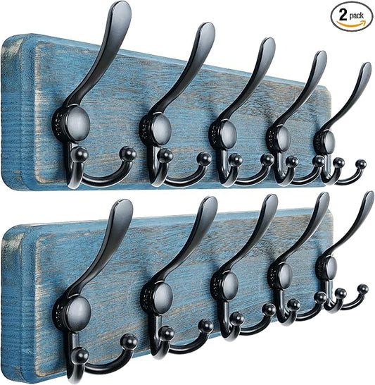 Coat Rack Wall Mount - Heavy-Duty Robust Barnwood-Style Wooden Wall Coat Hanger Hook Rail with 5 Triple Hooks for Winter Coats Hat Jacket Clothing, Weathered Blue & Black, Pack of 2