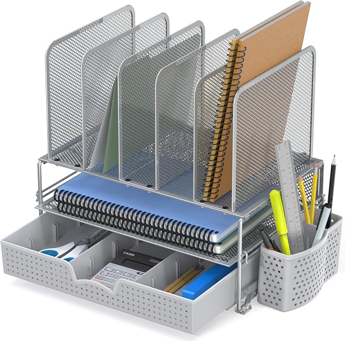 Simple Houseware Desk File Organizer for Office Supplies w/Drawer, Silver | Double Tray, Pencil Holder, and 5 Upright Sections with Sliding Drawer
