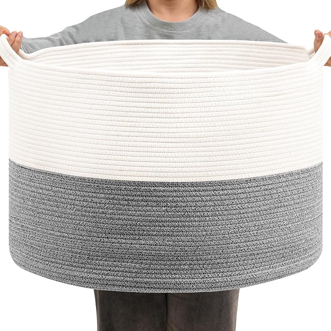 Foldable Laundry Hamper Basket with Collapsible Handle Cotton Rope Soft Woven Fabric Storage Organizer Clothes Toys Nursery Bedroom Dorm Space Saving Bin (White & Light Grey, 115L(23.6"D x 15.7"H))