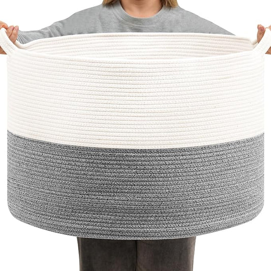 Foldable Laundry Hamper Basket with Collapsible Handle Cotton Rope Soft Woven Fabric Storage Organizer Clothes Toys Nursery Bedroom Dorm Space Saving Bin (White & Light Grey, 115L(23.6"D x 15.7"H))