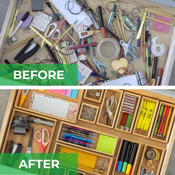 Grow Forward Bamboo Drawer Organizer Boxes - Set of 7 Wooden Drawer Organizers for Kitchen, Bathroom, Office, Desk, Vanity, Makeup - Non-Slip Junk Drawer Organizer Trays for Storage and Organization