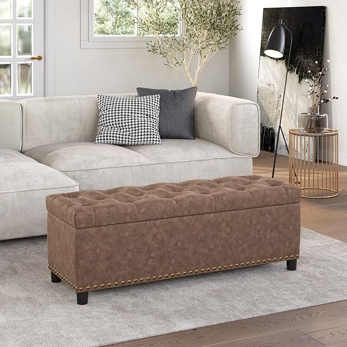 BELLEZE Storage Ottoman, Tufted Ottoman with Close Hinge, Foot Rest for Living Room (Rustic Brown, 47 inch)