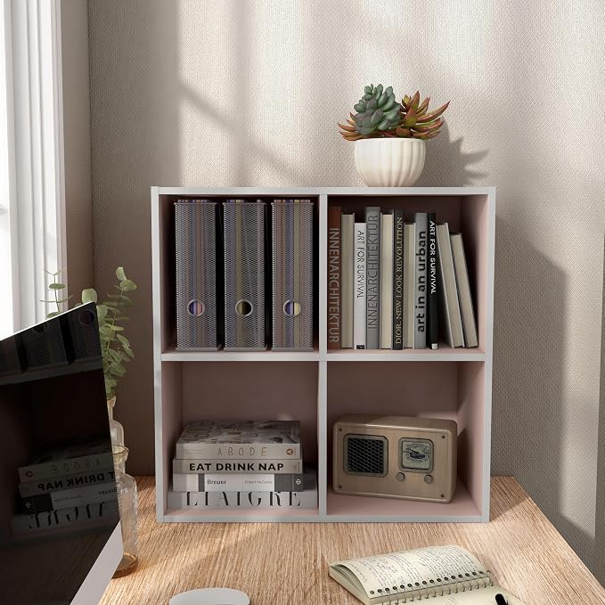 Homes: Inside + Out Apexa 4-Cube Storage Organizer Shelves, Stackable Wood Bookcase Fits Cubby Bins for Organization, Dorm Teen Room Decor & Home Office, Light Pink