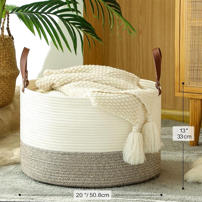 KAKAMAY Large Blanket Basket (20"x13"),Woven Baskets for storage Baby Laundry Hamper,Cotton Rope Blanket Basket for Living Room, Laundry, Nursery, Pillows, Baby Toy chest (White/Beige) | Extra Large Capacity | Natural Cotton Rope | Blanket Storage | Wo...